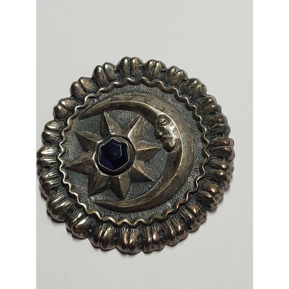 SterlingโSilver 925 Mexico Moon & Star Brooch Pendant Blue Glass Stone